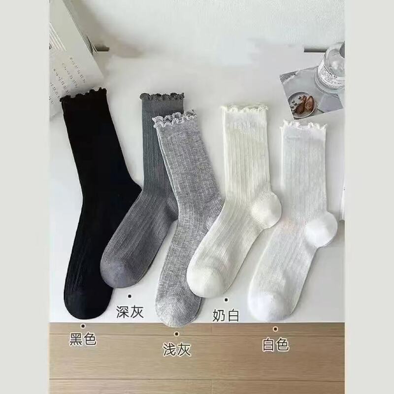 夏天薄款袜子女纯色镂空网眼中筒袜白色防臭透气少女花边堆堆袜女|undefined