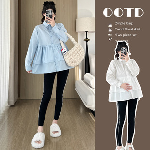 2025 Spring New Pregnant Women's Top Maternity Clothes Spring Doll Shirt Loose Pregnant Women's Shirt