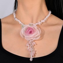 玫瑰花流苏项链女跨境热销森系甜美超仙山茶花天然石串珠锁骨链颈