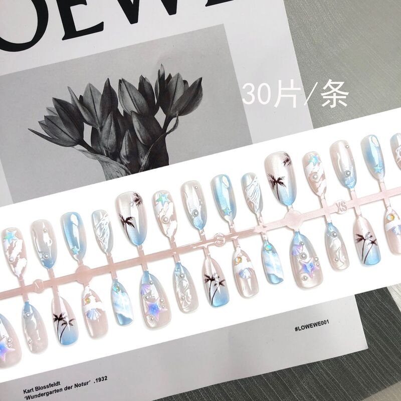 新跨境欧美夏日热销蓝色大海穿戴甲猫眼nails美甲贴片带钻成品ins|undefined