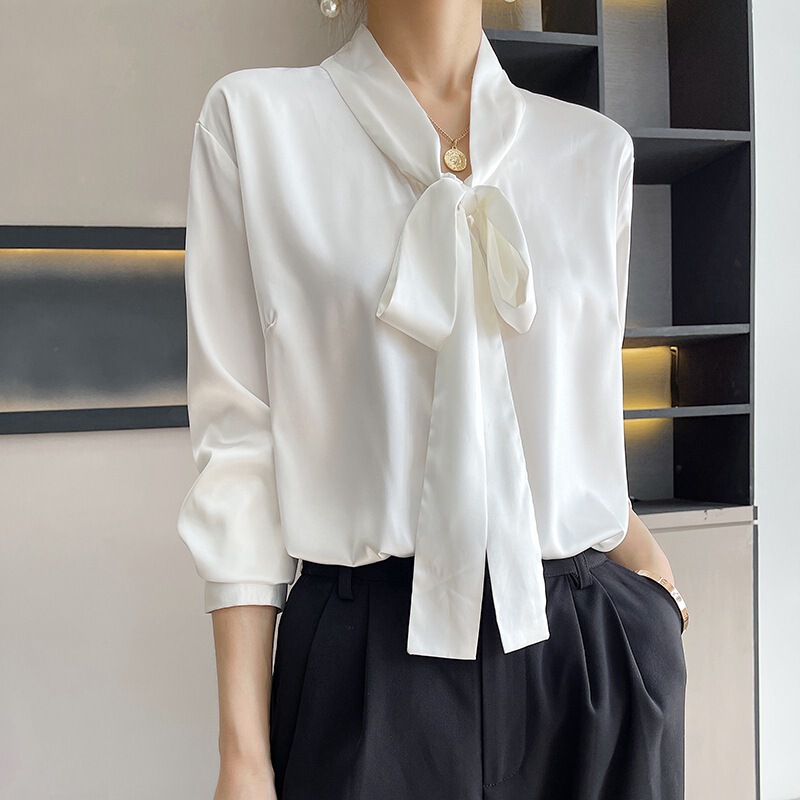 Spring and Summer new ribbon V-neck satin draping silk shirt Women's fashionable western style heavy shirt triacetate top