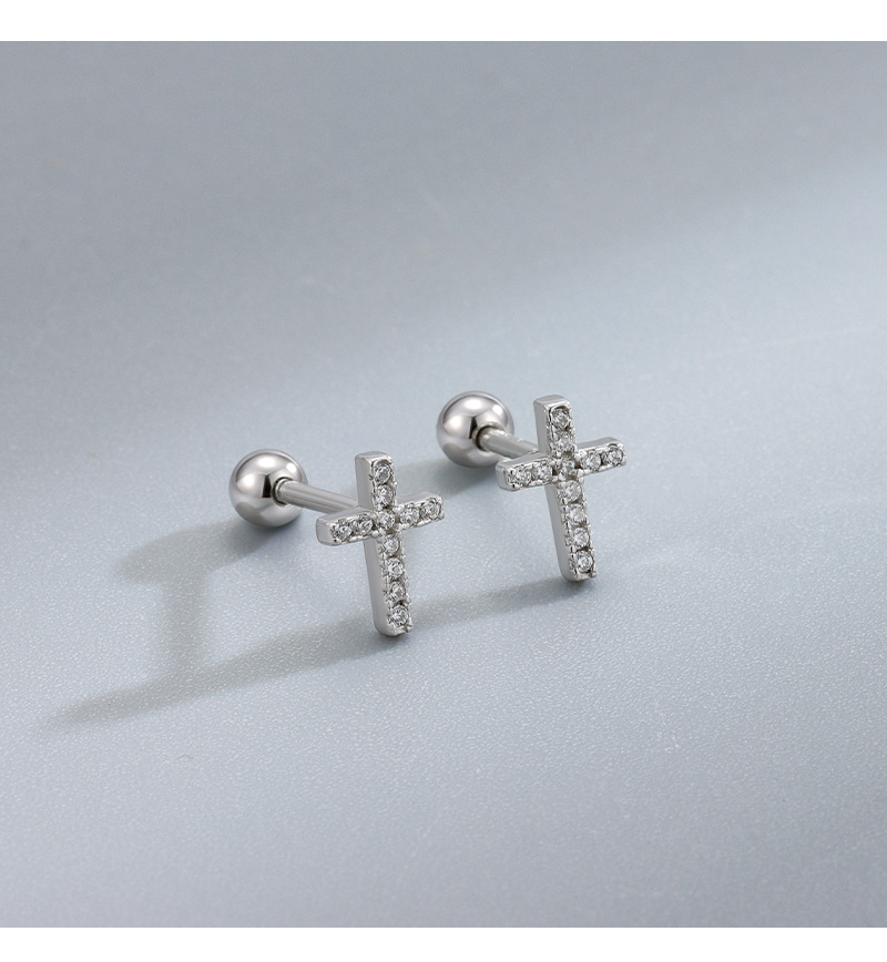 925 Sterling Silver Material White Gold Plated, Gold Plated Plating Cross Pattern 1 Pair 925 Sterling Silver Rhinestones Cross Ear Studs