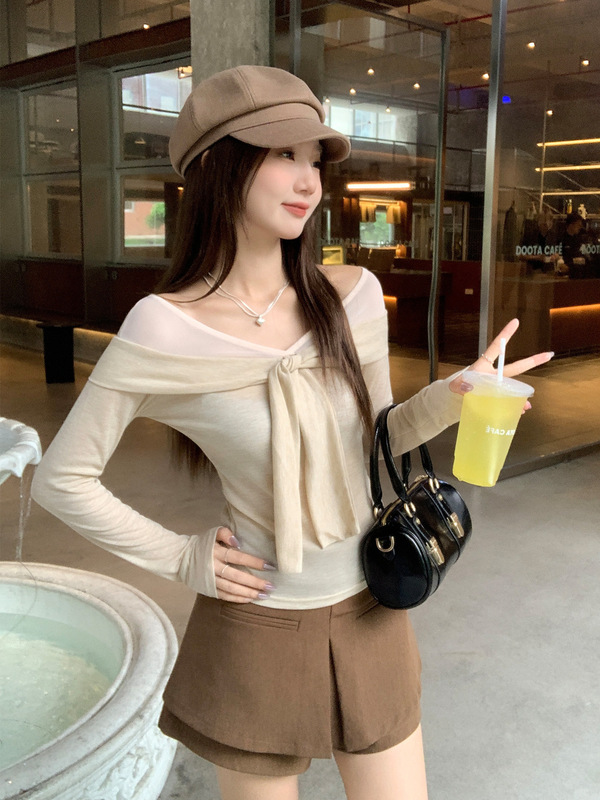 一字肩网纱拼接撞色绑带长袖T恤女2025初秋季显瘦修身打底衫上衣|undefined