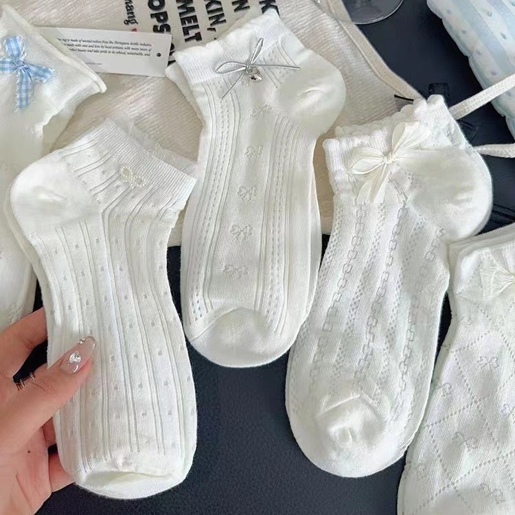 Early Spring New Bow White Socks Women's Curl Jk Socks Summer Ultra-thin Breathable Cotton Socks Japanese Boat Socks