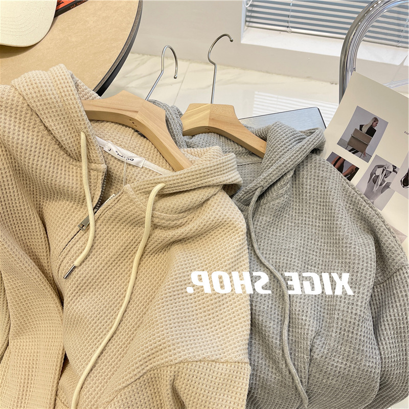 Waffley Hooded Sweater Design Sense Autumn and Winter Women's Wear New Loose Slimming Casual Jacket Zipper Cardigan