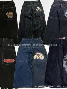 2024 Spring and Autumn New Cross-border American Trendy Brand Retro Washed Y2K Embroidered Hip Hop Pattern Men's Jeans