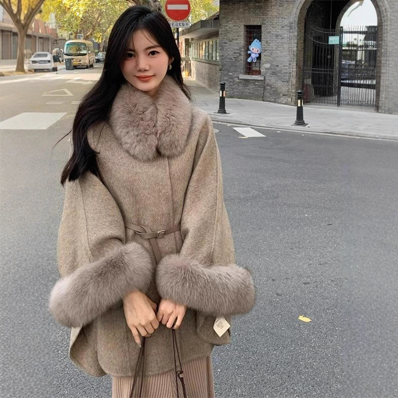우아한 사교계 명사의 양면 캐시미어 코트, 여아용 여우털 칼라 커프스 모피 케이프 모직 코트