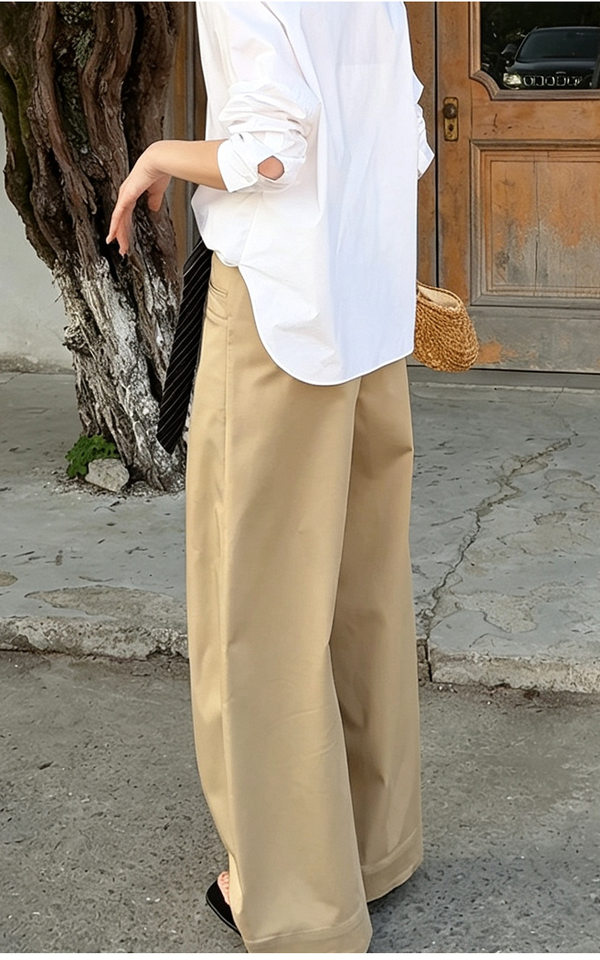 Quần tây nữ ống đứng dáng rộng cạp cao, phong cách tối giản, vải rủ nhẹ — Màu kaki sương mù chi tiết 10