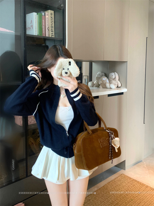 学院风立领撞色长袖针织衫女2025秋季新款设计感显瘦拉链甜辣外套|undefined