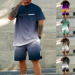 2025 新カジュアルスポーツ半袖 Tシャツメンズ夏の新グラデーションレターラウンドネック Tシャツショーツセット