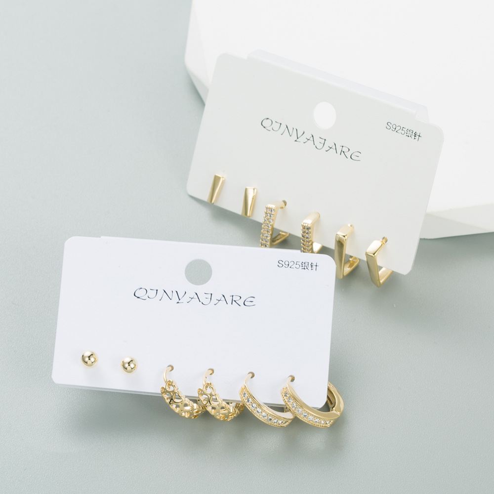 Fashion C Shape Square Copper Earrings Inlay Zircon Copper Earrings 3 Pairs