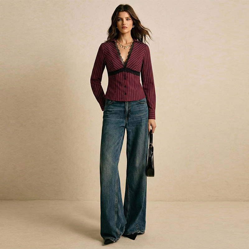 Women's Slim Fit Striped Long Sleeve Shirt Sexy Lace Top Casual Elegant Fashion Blouse For Autumn/Winter American Style_ecoleips.com