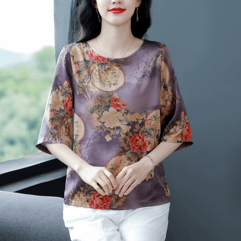 Футболка из шелкового шелка с короткими рукавами и принтом «Мама», летняя новая стильная благородная рубашка, шелковые топы среднего и пожилого возраста