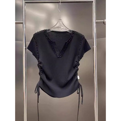 欧品氷糸ニット半袖tシャツ女性夏デザイン感vネック