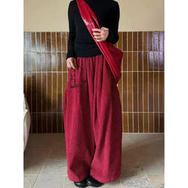 安可拉红波点灯芯绒裤子女2026秋冬季高腰显瘦百搭阔腿裤