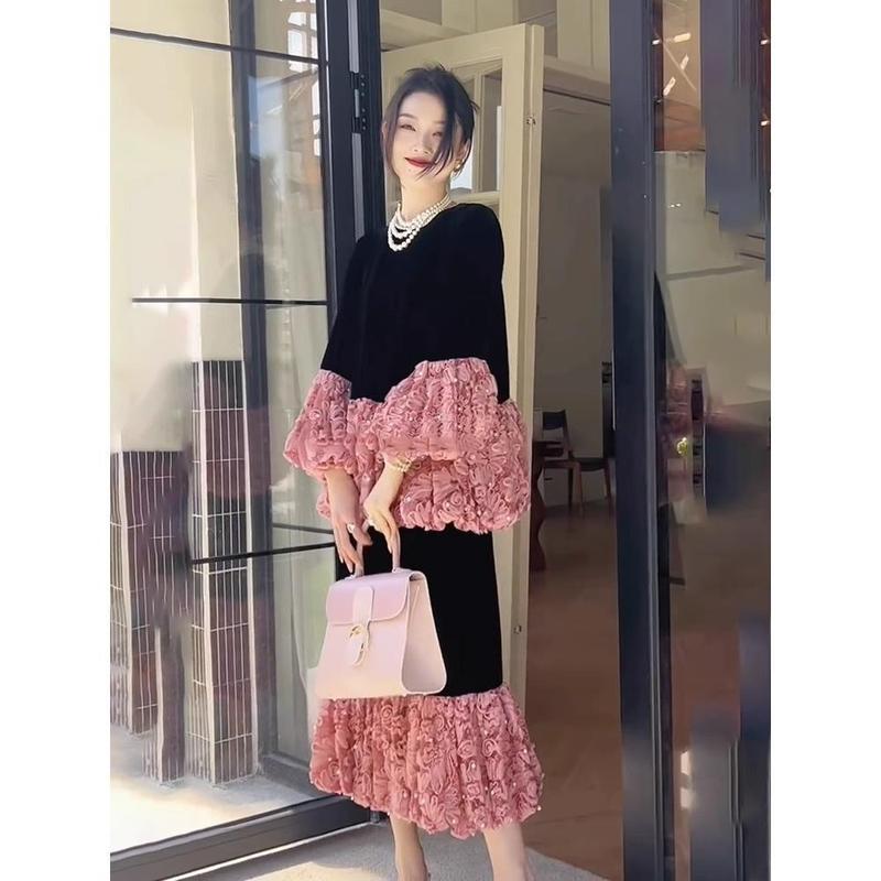 加绒秋冬搭配一整套感小洋装小香风显瘦遮肉黑色丝绒套装裙子|undefined