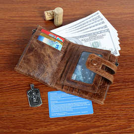 跨境专供油蜡皮三折钱包RFID防消磁头层牛皮竖款钱夹加印logo
