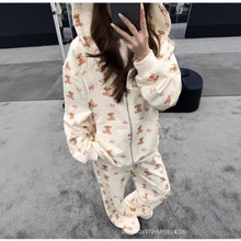 白鹿同款2025秋冬新款可爱小熊印花连帽拉链开衫卫衣外套套装女