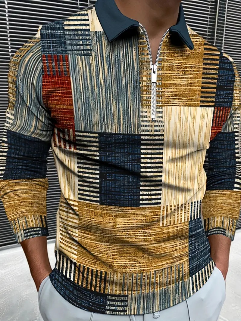 AliExpress transfronterizo línea geométrica de color 3D impresión hombres calle moda suelta cremallera camisa POLO