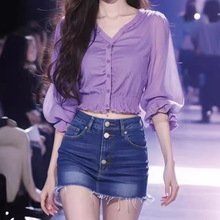 2024早春新款今年流行的漂亮小衫衬衫女独特别致浅紫色上衣高级感