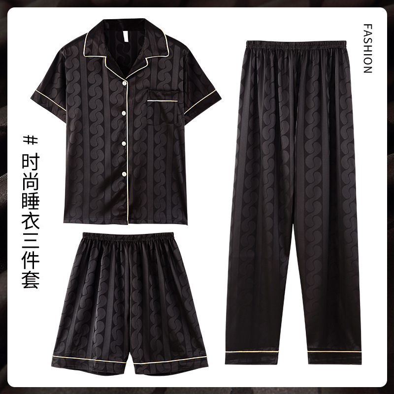 De alto grado jacquard carta pijamas de verano de los hombres traje de tres piezas pantalones cortos de manga corta de seda de hielo juventud ropa de casa de seda real