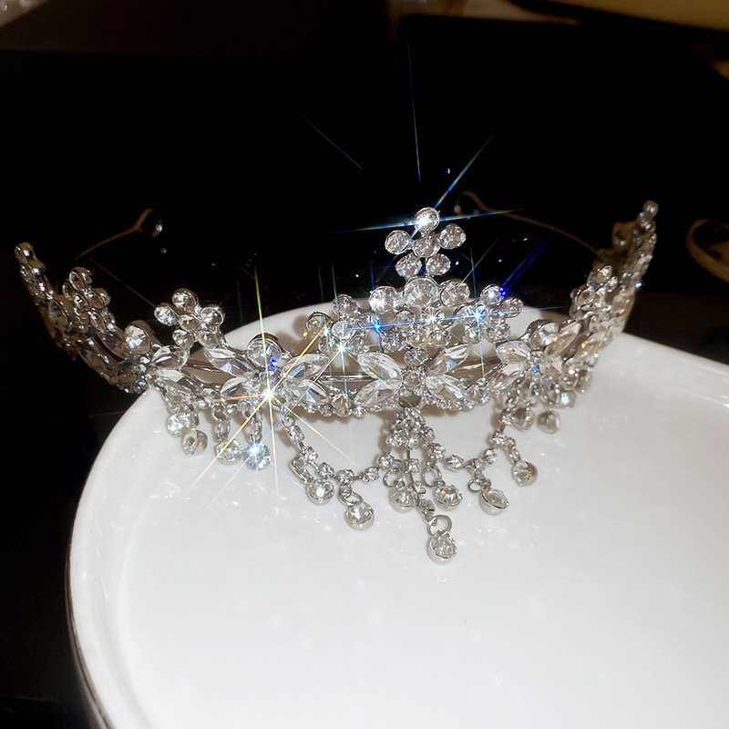 9# Diadema-Corona de borlas de flores de diamantes plateados