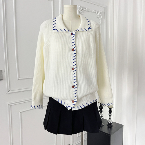 YUNSHU Korean Version Hand-Painted Color Block Sewn Collar Knit Sweater Cardigan for 2025 Autumn-Iceland Blue Loose Minimalist Style