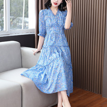 好质量桑蚕丝裙子春夏新款法式复古温柔碎花裙高端品牌真丝连衣裙