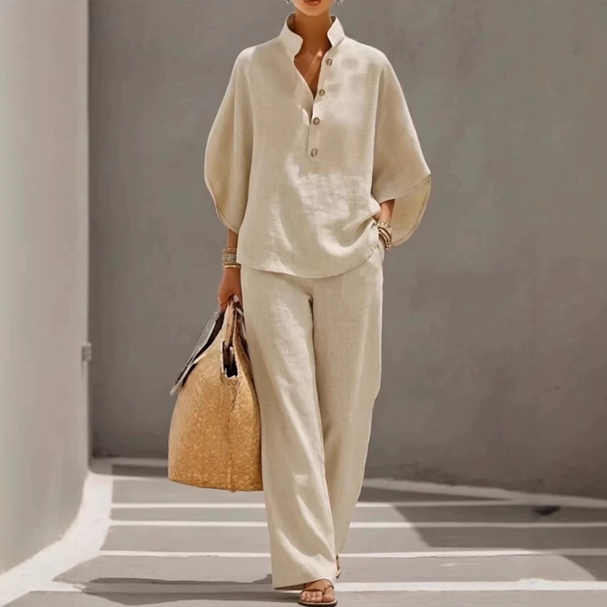 AliExpress Amazon 2026 nueva camisa de algodón y lino transfronterizo de mujer ropa de mujer casual urbana conjunto de estación independiente