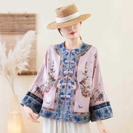 2026春季款民族风复古刺绣圆领外套女文艺复古盘扣提花缎面格格服