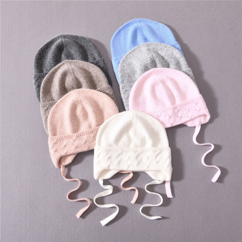 Children's Knitted Hat with Rabbit Fur, Small Rhinestones on the Front, Braided Ear Protection, Cute Outdoor Wool Hat, Warm and Windproof