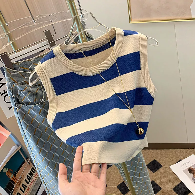Жилет в полоску Горячая девушка носит короткий американский камзол жилет женщина 2022 с круглым вырезом без рукавов