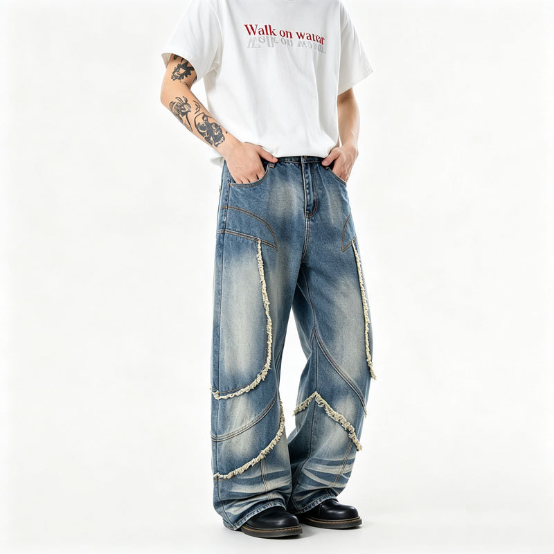 European and American High Street Style Frayed Patchwork Wide-Leg Jeans for Men, Vintage Washed Loose Fit, 3D Cut, Curved Leg Pants European and American High Street Style Frayed Patchwork Wide-Leg Jeans for Men, Vintage Washed Loose Fit, 3D Cut, Curved Leg Pants