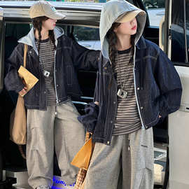 女童外套秋季2025新款休闲运动中大儿童装连帽拼接牛仔风衣春秋款