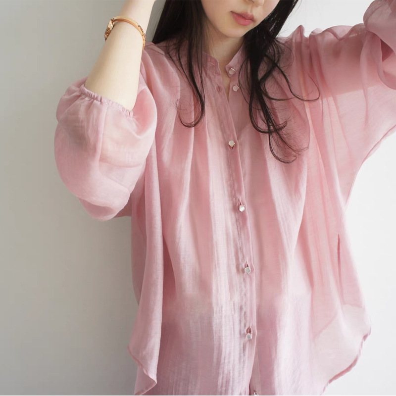 JOJOZ peach pink loose Tencel see-through shirt with suspenders 24 spring and summer female temperament gentle light chic
