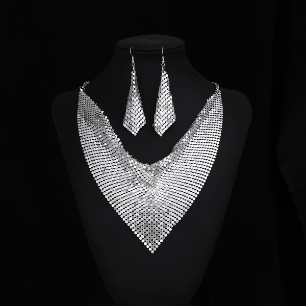 Silver scarf, necklace and earrings