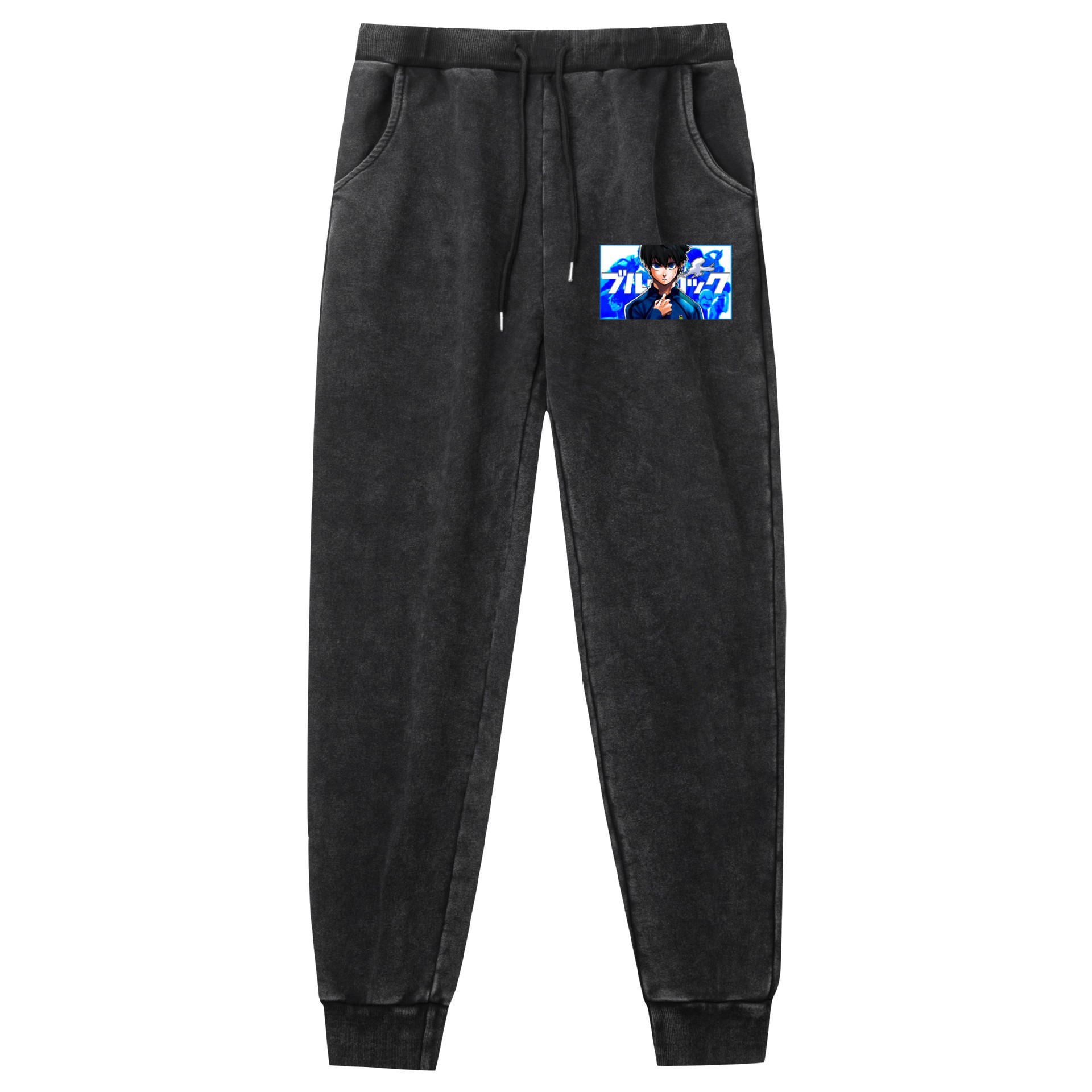 Lavado de comercio exterior y pantalones retro viejos BLUE LOCK azul prisión alrededor del código europeo impresión de venta caliente