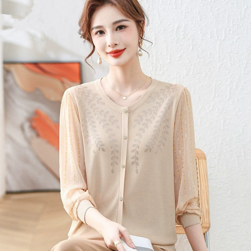 Летняя тонкая трикотажная рубашка для мамы, новая Женская весенне-осенняя футболка в западном стиле с рукавами из пряжи, топ с длинными рукавами