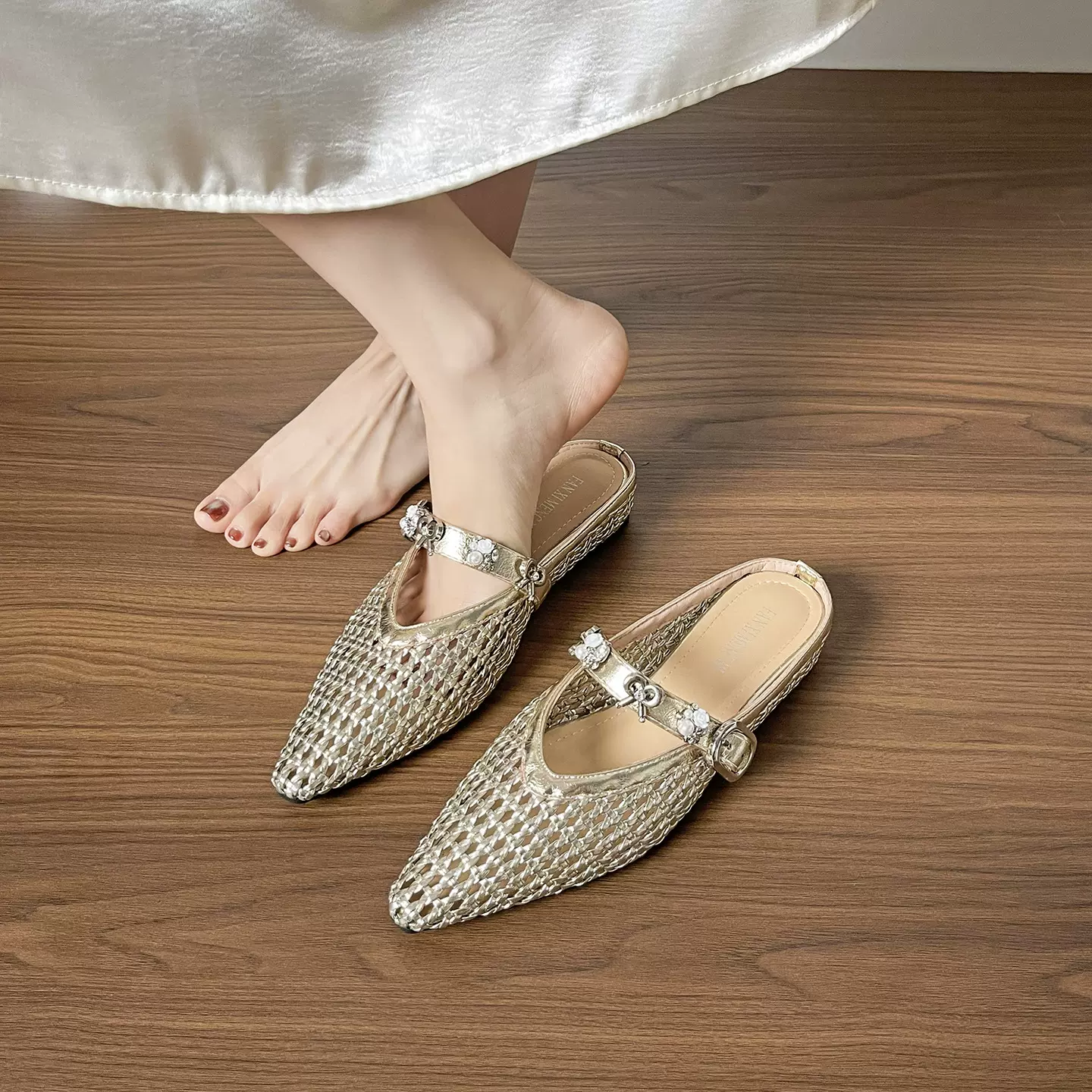 6233-9 法式镂空编织内增高半拖鞋圆头一字带玛丽珍鞋洞洞鞋凉鞋