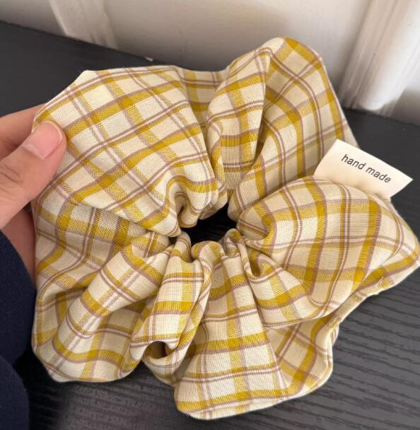 高级感黄色系格纹大肠发圈女后脑勺扎头发绳大号马尾头绳头饰皮筋|undefined