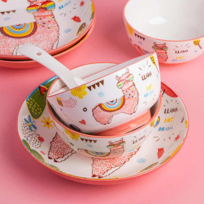 Rosa alpaca tazón plato traje hogar tazón pareja comiendo tazón japonés cerámica vajilla plato palillos cuchara plato