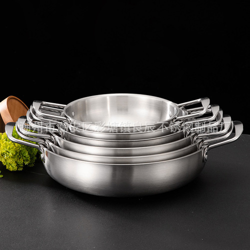 Factory direct sales commercial thickened stainless steel soup pot double-ear flat bottom griddle Korean golden ramen pot seafood griddle