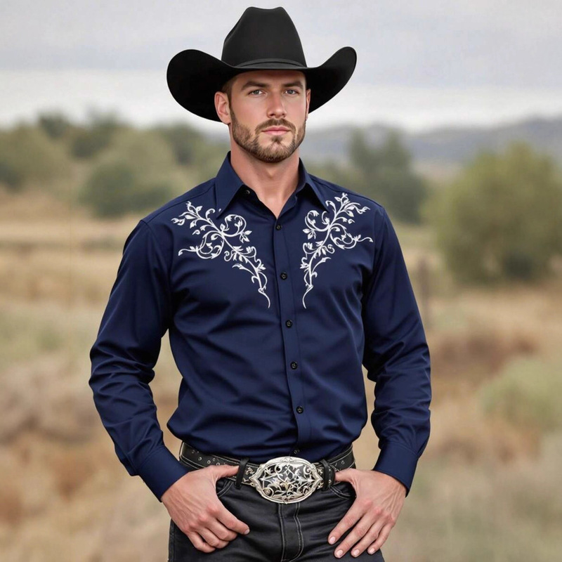 Men's Tops Cross-Border Supply Fashion Embroidered Shirts American Western Style Shirts Western Cowboy Printed Long Shirts