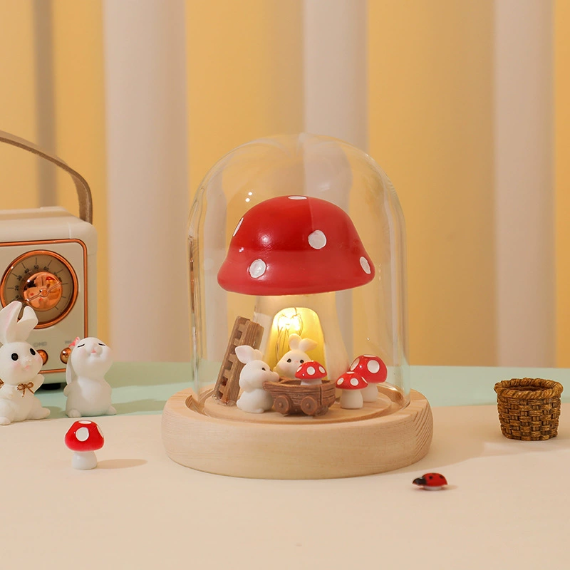 Handmade night light, glass dome with rabbit and mushroom scene — tabletop bedroom decor, gift