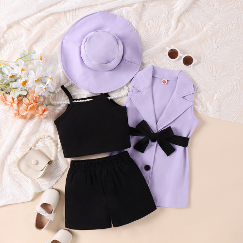 Summer Set for European and American Girls: Toddler Camisole Top + Shorts + Sleeveless Vest + Hat - Four-Piece Set