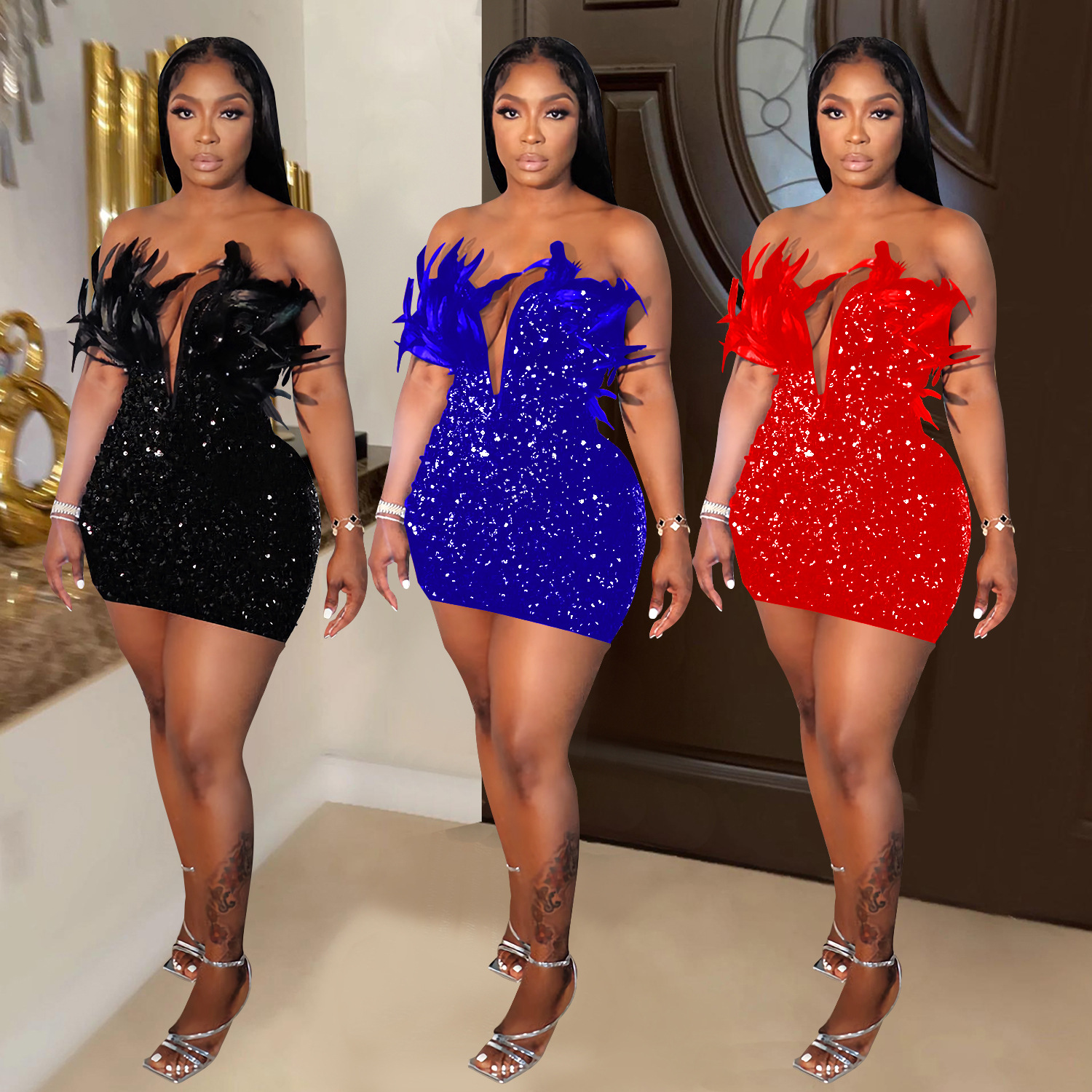 C7050 Aliexpress transfronterizo Amazon estación independiente de moda europea y americana de mujer cuentas plumas vestido sin mangas corto image 1