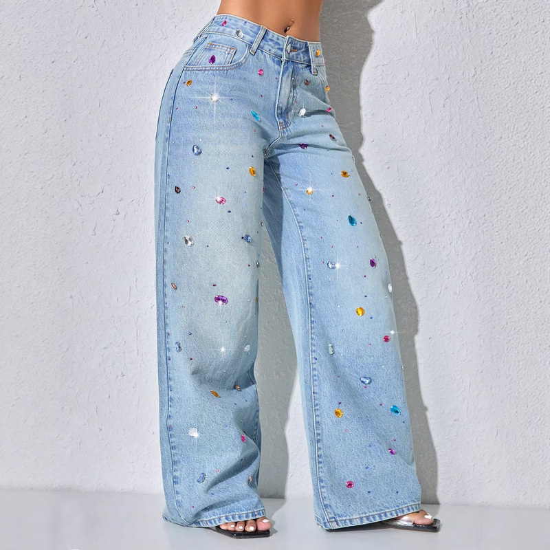 Cross-Border European and American Foreign Trade Wholesale Rhinestone Jeans for Women, Loose Straight-Leg Casual Washed High-Waisted Denim Pants for Women Cross-Border European and American Foreign Trade Wholesale Rhinestone Jeans for Women, Loose Straight-Leg Casual Washed High-Waisted Denim Pants for Women