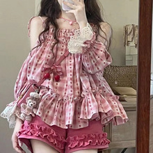 夏季甜美森系减龄吊带露肩格子上衣+洋气花边ins短裤两件套套装女