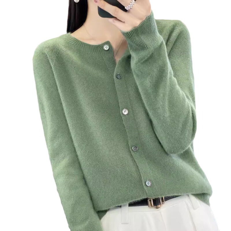 秋装新商品100% 純ウールカーディガン女性セーターコート一線成衣ゆるい長袖ニット上着薄い|undefined