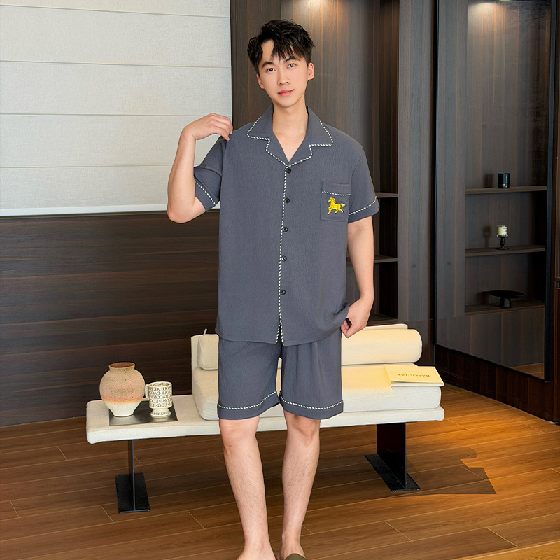 Summer New Style Cloud Cotton Men's Lapel Cardigan Short-Sleeved Shorts Pajamas Men's Casual Home Wear Set